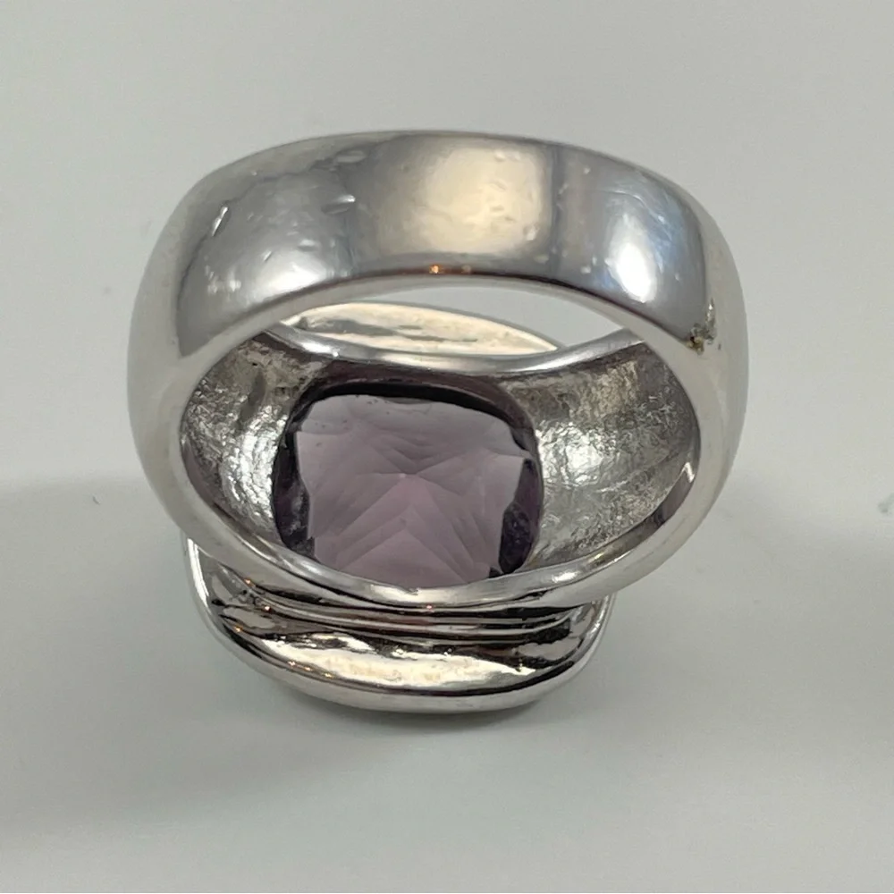 Bold Chunky Statement Ring Silver Ton Purple Cushion Cut Glass Halo Sz 7.5